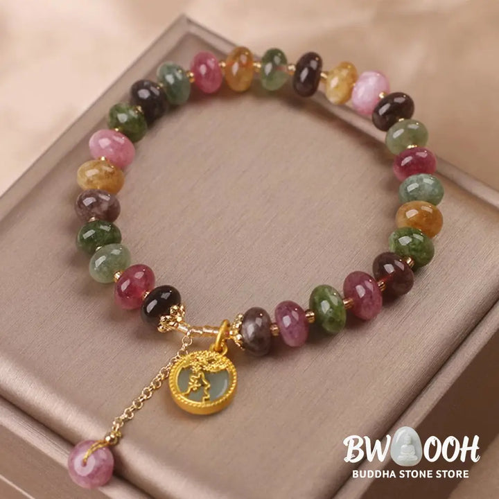 Buddha Stones Colorful Tourmaline Cute Flower Rabbit Charm Love Bracelet - BWOOOH - Tourmaline(Positive♥Love)(Wrist