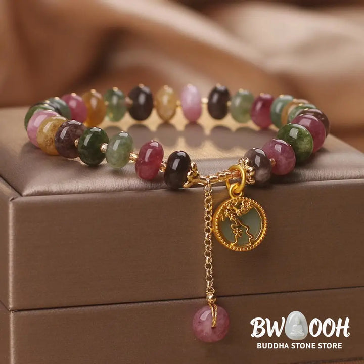 Buddha Stones Colorful Tourmaline Cute Flower Rabbit Charm Love Bracelet - BWOOOH - Tourmaline(Positive♥Love)(Wrist