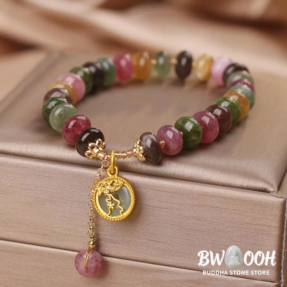 Buddha Stones Colorful Tourmaline Cute Flower Rabbit Charm Love Bracelet - BWOOOH - Tourmaline(Positive♥Love)(Wrist