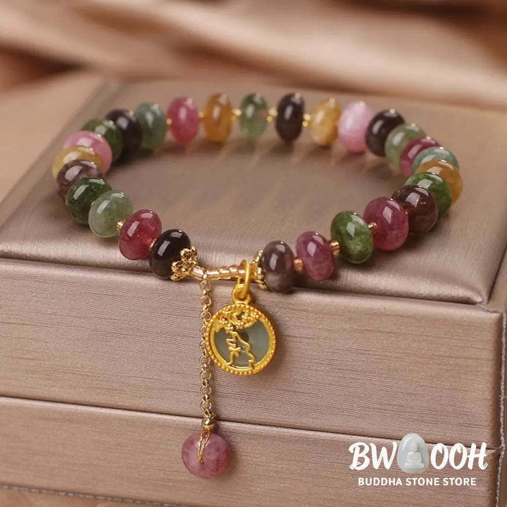 Buddha Stones Colorful Tourmaline Cute Flower Rabbit Charm Love Bracelet - BWOOOH - Tourmaline(Positive♥Love)(Wrist
