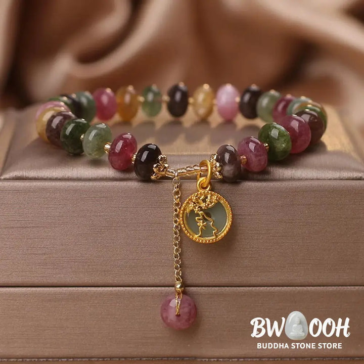 Buddha Stones Colorful Tourmaline Cute Flower Rabbit Charm Love Bracelet - BWOOOH - Tourmaline(Positive♥Love)(Wrist