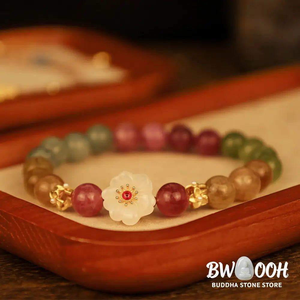 Buddha Stones Colorful Tourmaline Jade Flowers Love Bracelet - BWOOOH - Tourmaline(Positive♥Love)(Wrist Circumference