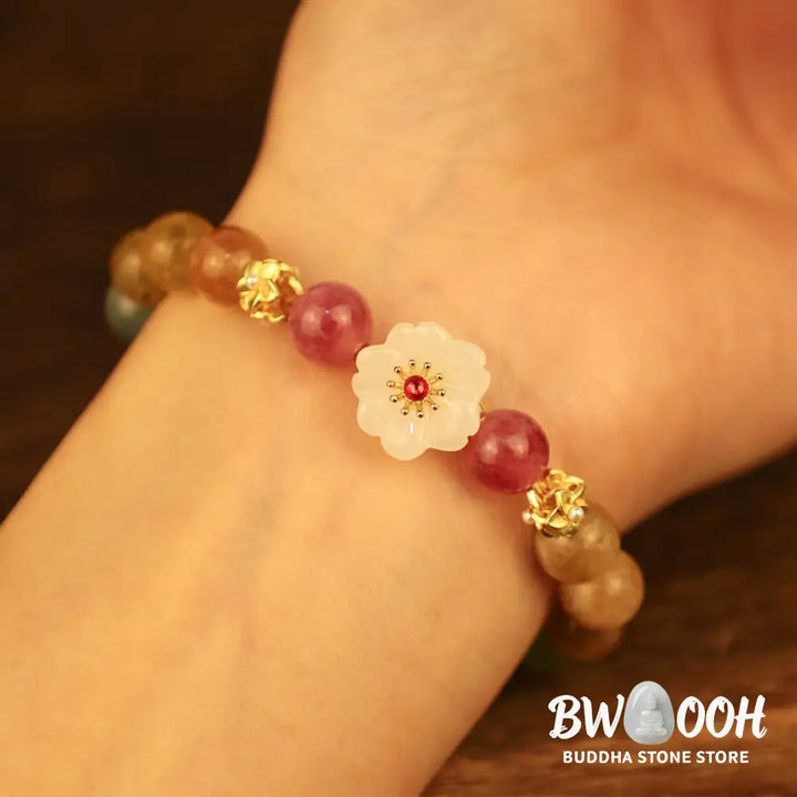 Buddha Stones Colorful Tourmaline Jade Flowers Love Bracelet - BWOOOH - Tourmaline(Positive♥Love)(Wrist Circumference