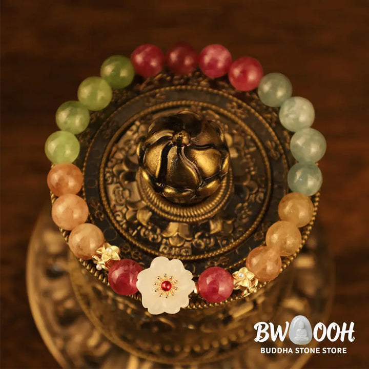 Buddha Stones Colorful Tourmaline Jade Flowers Love Bracelet - BWOOOH - Tourmaline(Positive♥Love)(Wrist Circumference