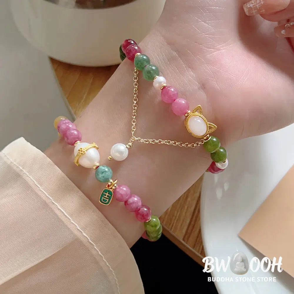 Buddha Stones Colorful Tourmaline Lucky Cat Positive Bracelet - BWOOOH - Bracelet