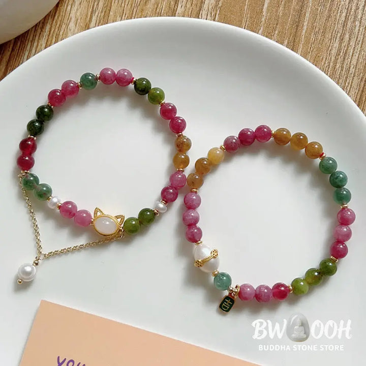 Buddha Stones Colorful Tourmaline Lucky Cat Positive Bracelet - BWOOOH - Bracelet