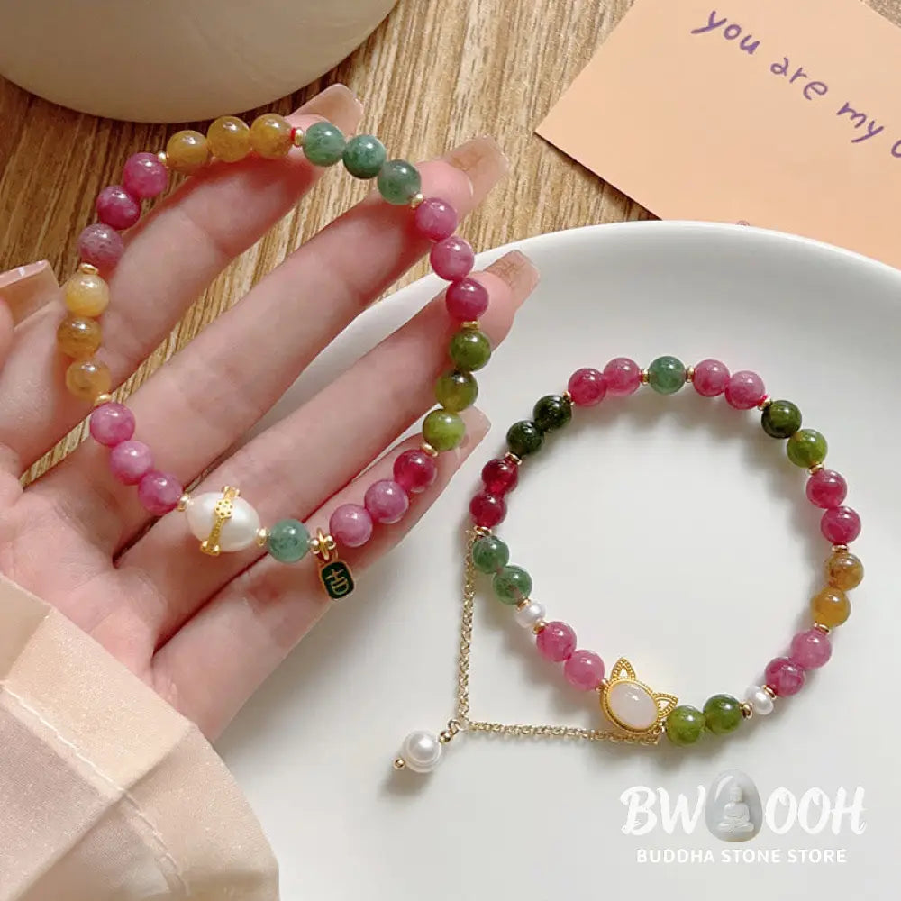 Buddha Stones Colorful Tourmaline Lucky Cat Positive Bracelet - BWOOOH - Bracelet