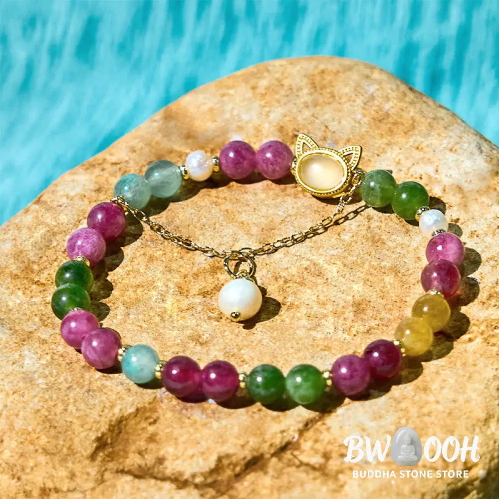 Buddha Stones Colorful Tourmaline Lucky Cat Positive Bracelet - BWOOOH - Bracelet