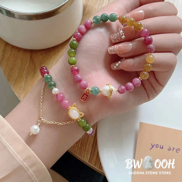 Buddha Stones Colorful Tourmaline Lucky Cat Positive Bracelet - BWOOOH - Bracelet