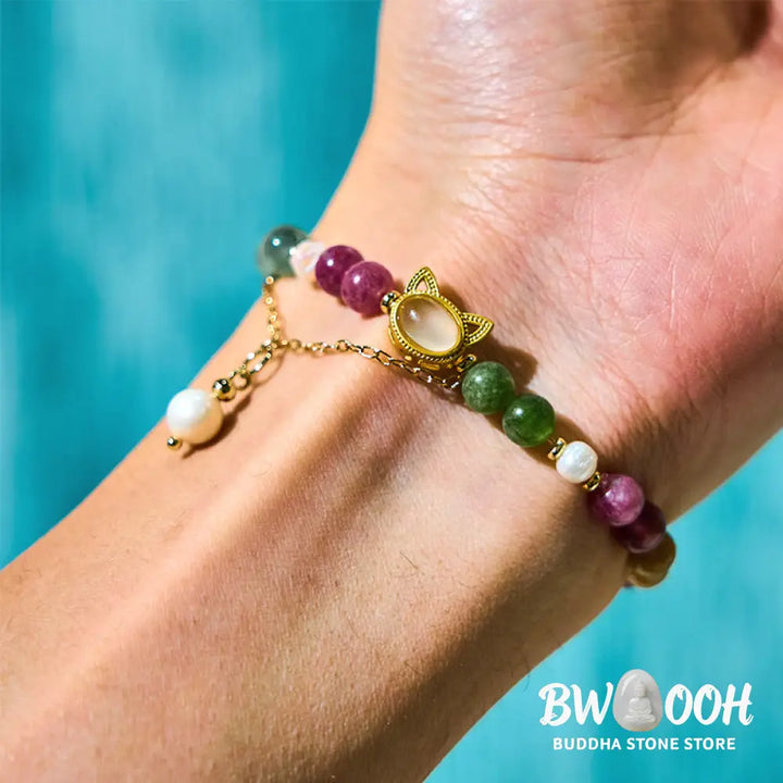 Buddha Stones Colorful Tourmaline Lucky Cat Positive Bracelet - BWOOOH - Bracelet