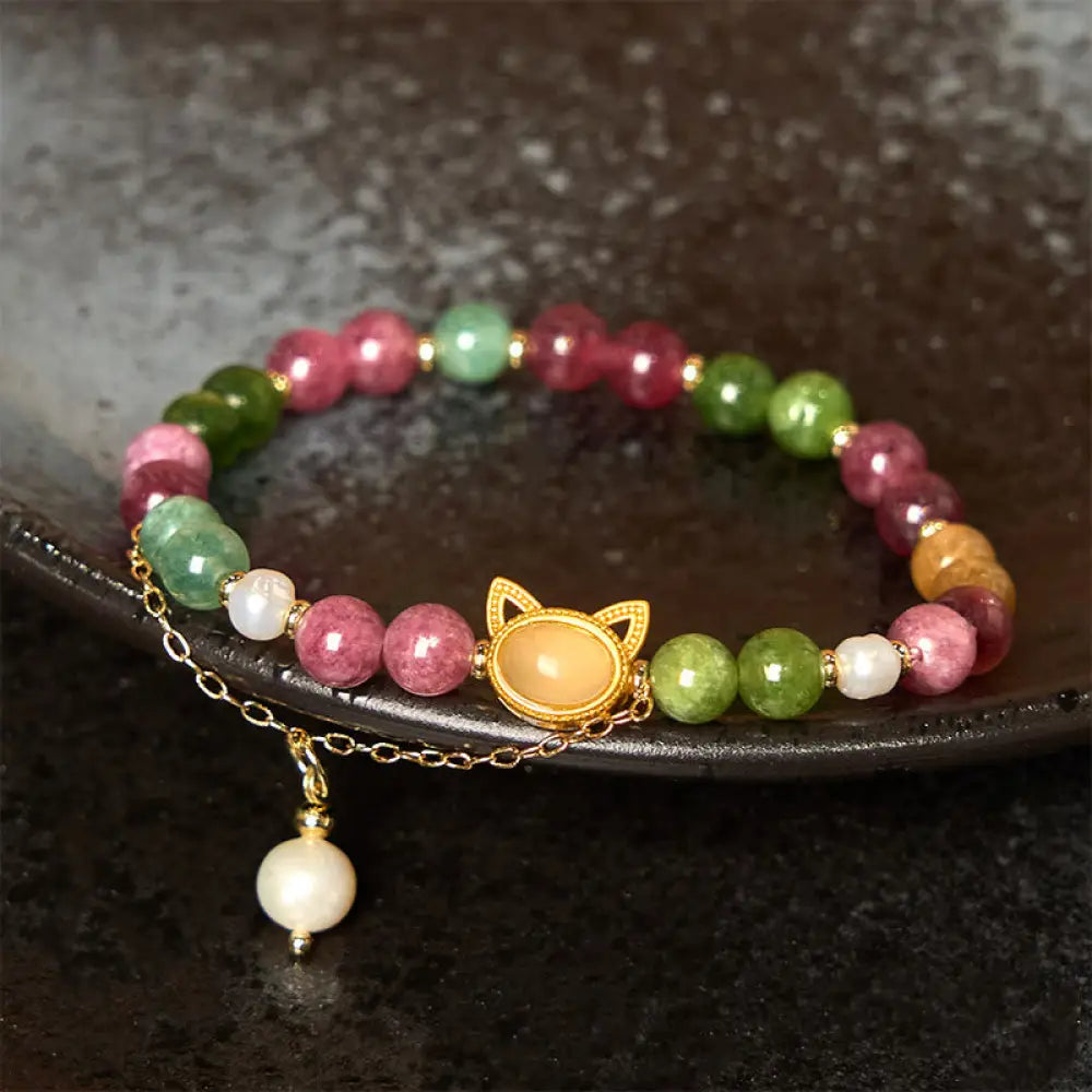 BWOOOH Colorful Tourmaline Lucky Cat Positive Bracelet — Tourmaline crystal healing bracelet for spiritual healing and min...