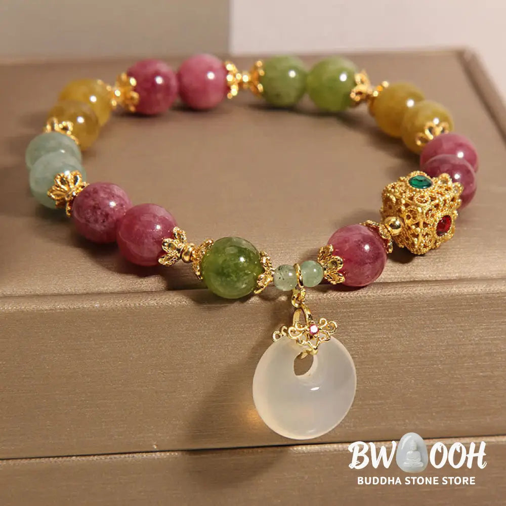 Buddha Stones Colorful Tourmaline Peace Buckle Charm Wisdom Bracelet - BWOOOH - Tourmaline(Positive♥Love)(Wrist