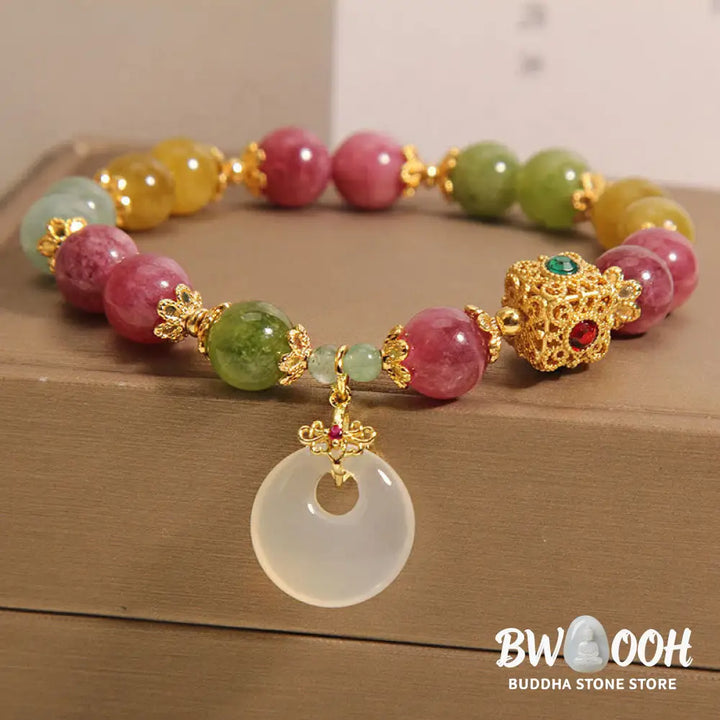 Buddha Stones Colorful Tourmaline Peace Buckle Charm Wisdom Bracelet - BWOOOH - Tourmaline(Positive♥Love)(Wrist