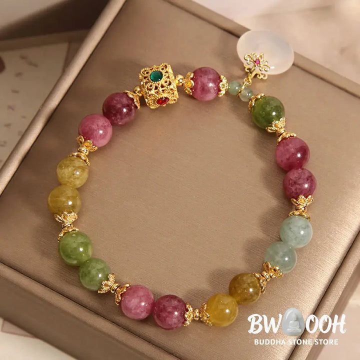 Buddha Stones Colorful Tourmaline Peace Buckle Charm Wisdom Bracelet - BWOOOH - Tourmaline(Positive♥Love)(Wrist