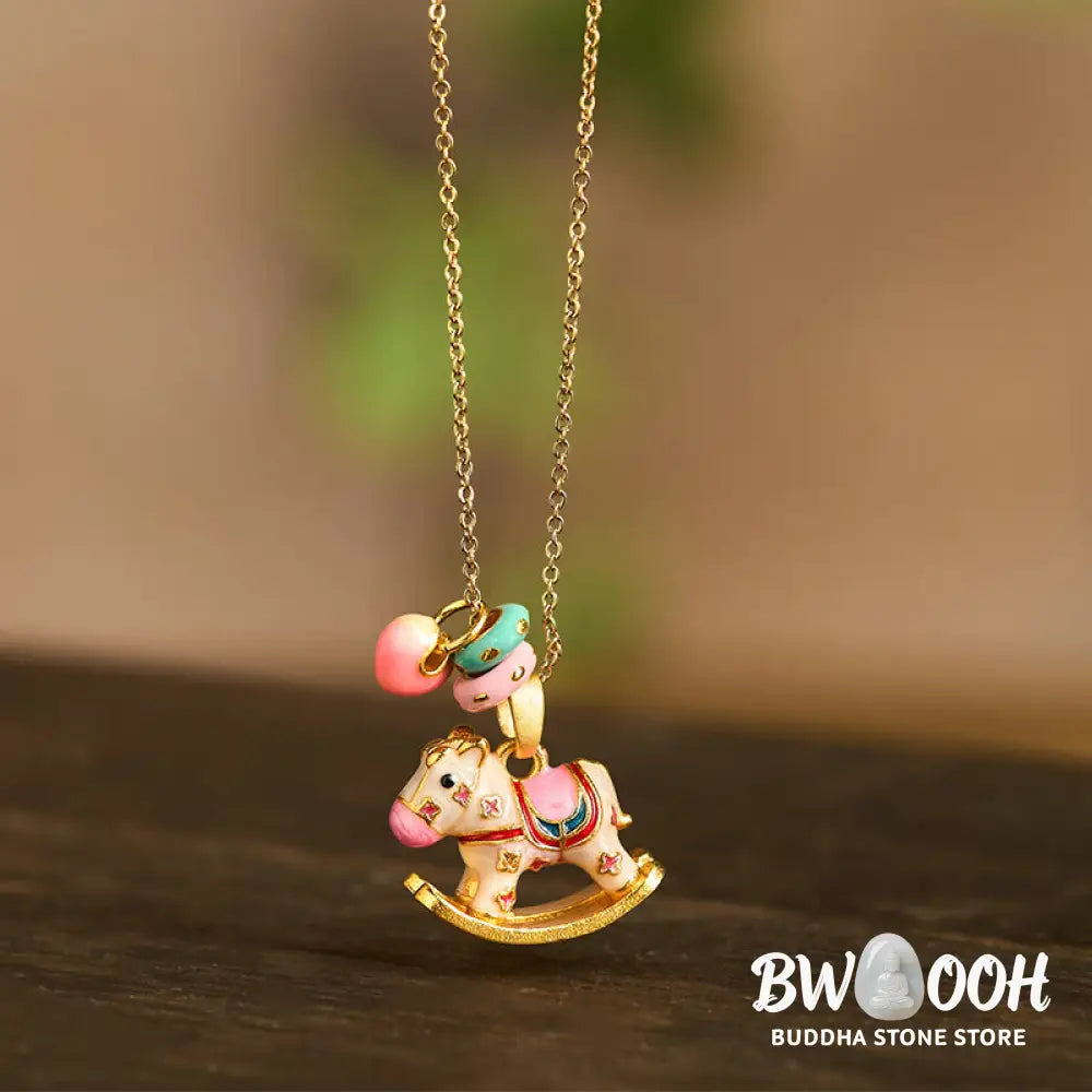 Buddha Stones Colorful Year Of The Horse 24k Gold Plated Copper Necklace Pendant - BWOOOH - Rocking Horse - Necklaces &amp;