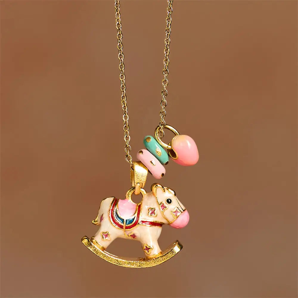 Buddha Stones Colorful Year Of The Horse 24k Gold Plated Copper Necklace Pendant - BWOOOH - Rocking Horse - Necklaces &