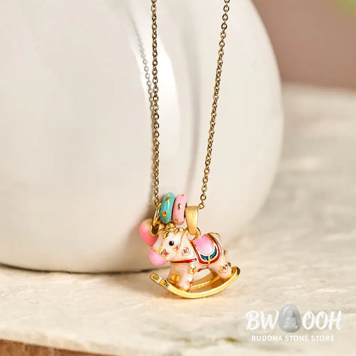 Buddha Stones Colorful Year Of The Horse 24k Gold Plated Copper Necklace Pendant - BWOOOH - Rocking Horse - Necklaces &amp;