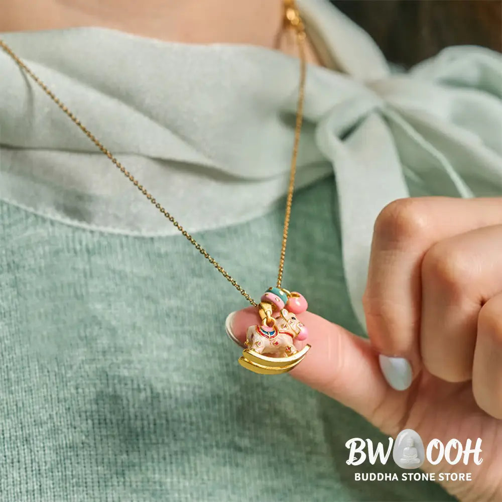 Buddha Stones Colorful Year Of The Horse 24k Gold Plated Copper Necklace Pendant - BWOOOH - Rocking Horse - Necklaces &amp;