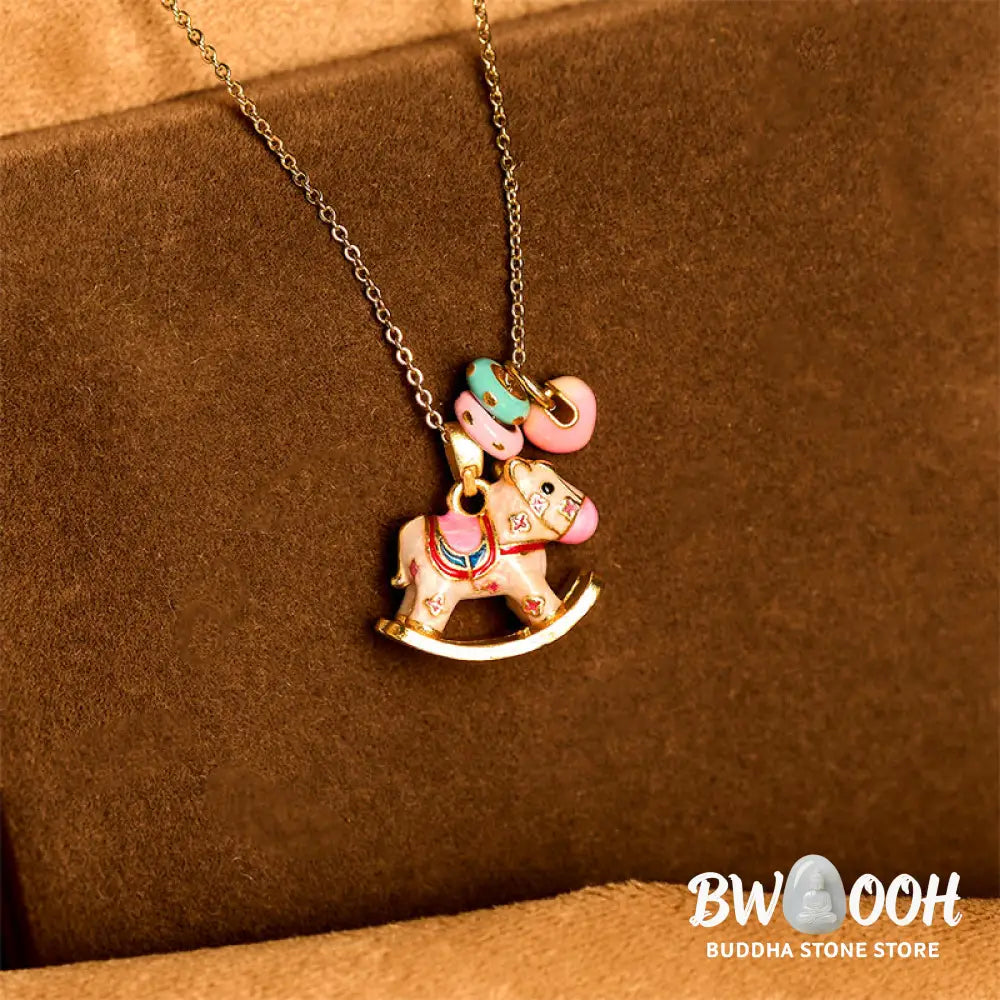 Buddha Stones Colorful Year Of The Horse 24k Gold Plated Copper Necklace Pendant - BWOOOH - Rocking Horse - Necklaces &amp;
