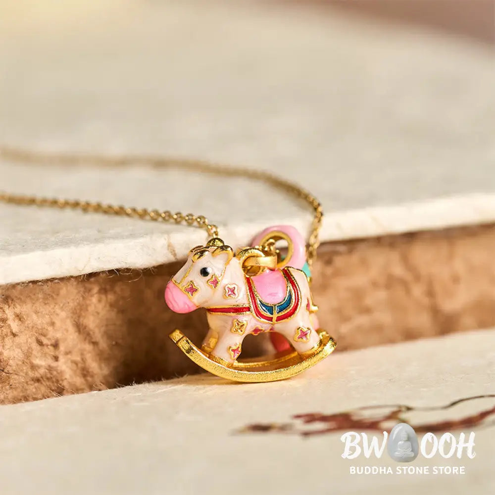 Buddha Stones Colorful Year Of The Horse 24k Gold Plated Copper Necklace Pendant - BWOOOH - Rocking Horse - Necklaces &amp;
