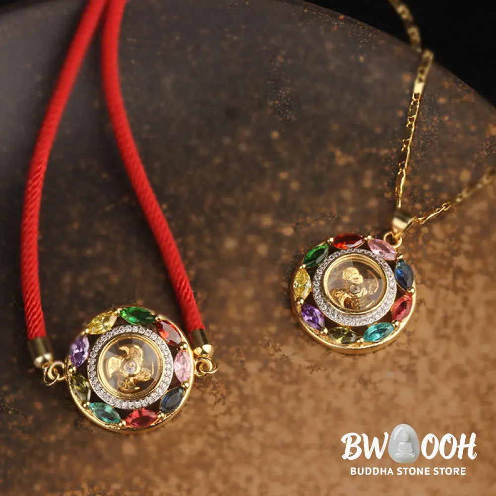 BWOOOH Colorful Zircon Copper Wealth Luck Rotation Bracelet Necklace Pendant, showcasing a luminous zircon centerpiece encircled by copper, adjustable red string, ready for spiritual balance and positive energy. - View 2