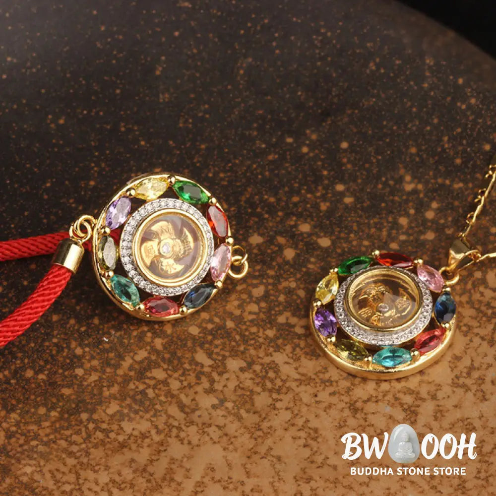 BWOOOH Colorful Zircon Copper Wealth Luck Rotation Bracelet Necklace Pendant, showcasing a luminous zircon centerpiece encircled by copper, adjustable red string, ready for spiritual balance and positive energy. - View 21