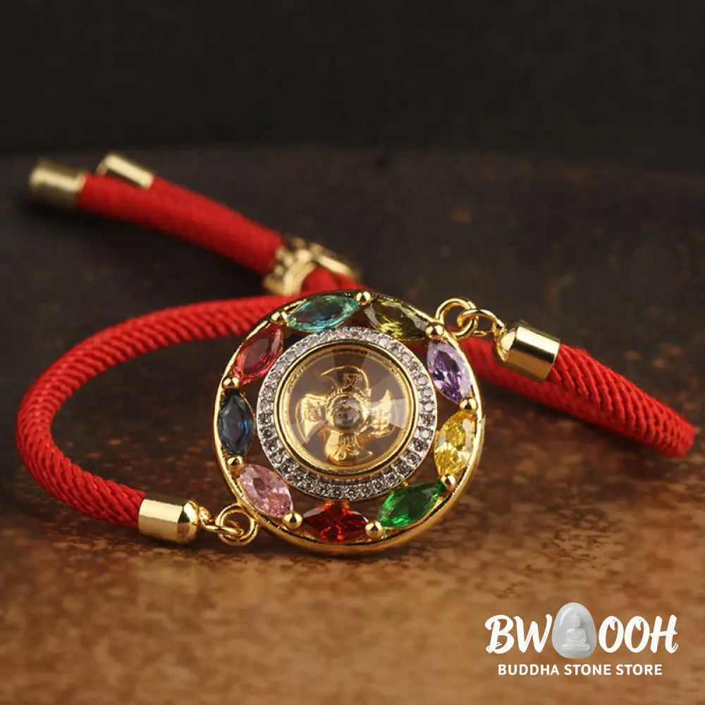 BWOOOH Colorful Zircon Copper Wealth Luck Rotation Bracelet Necklace Pendant, showcasing a luminous zircon centerpiece encircled by copper, adjustable red string, ready for spiritual balance and positive energy. - View 15