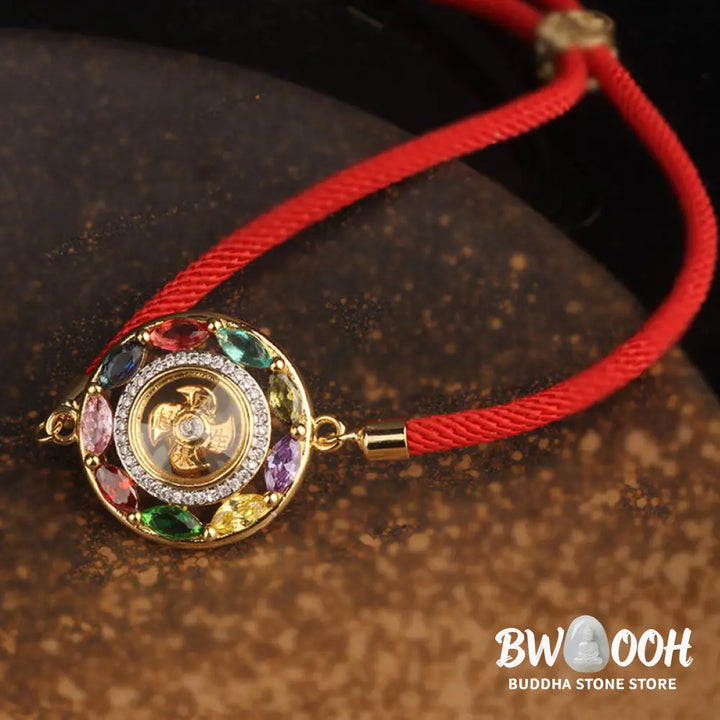 BWOOOH Colorful Zircon Copper Wealth Luck Rotation Bracelet Necklace Pendant, showcasing a luminous zircon centerpiece encircled by copper, adjustable red string, ready for spiritual balance and positive energy. - View 10