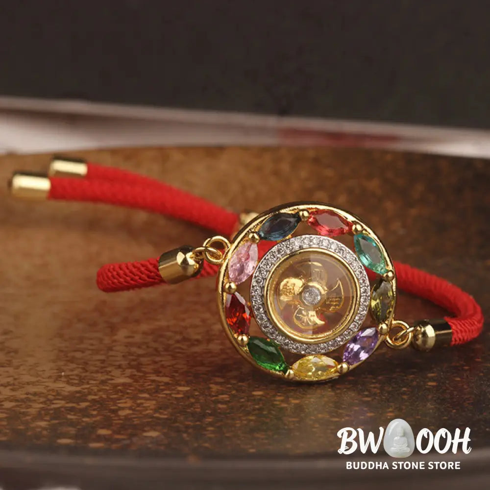 BWOOOH Colorful Zircon Copper Wealth Luck Rotation Bracelet Necklace Pendant, showcasing a luminous zircon centerpiece encircled by copper, adjustable red string, ready for spiritual balance and positive energy. - View 16