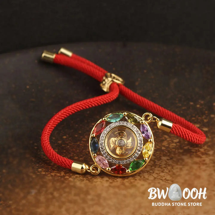 BWOOOH Colorful Zircon Copper Wealth Luck Rotation Bracelet Necklace Pendant, showcasing a luminous zircon centerpiece encircled by copper, adjustable red string, ready for spiritual balance and positive energy. - View 11