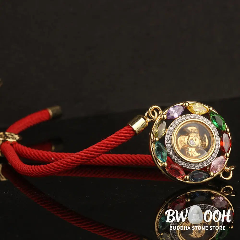 BWOOOH Colorful Zircon Copper Wealth Luck Rotation Bracelet Necklace Pendant, showcasing a luminous zircon centerpiece encircled by copper, adjustable red string, ready for spiritual balance and positive energy. - View 14