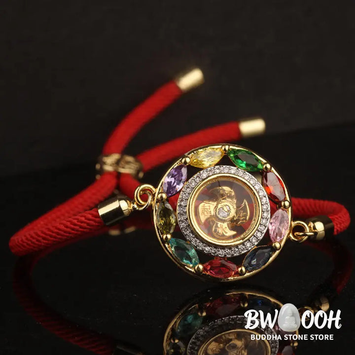 BWOOOH Colorful Zircon Copper Wealth Luck Rotation Bracelet Necklace Pendant, showcasing a luminous zircon centerpiece encircled by copper, adjustable red string, ready for spiritual balance and positive energy. - View 12