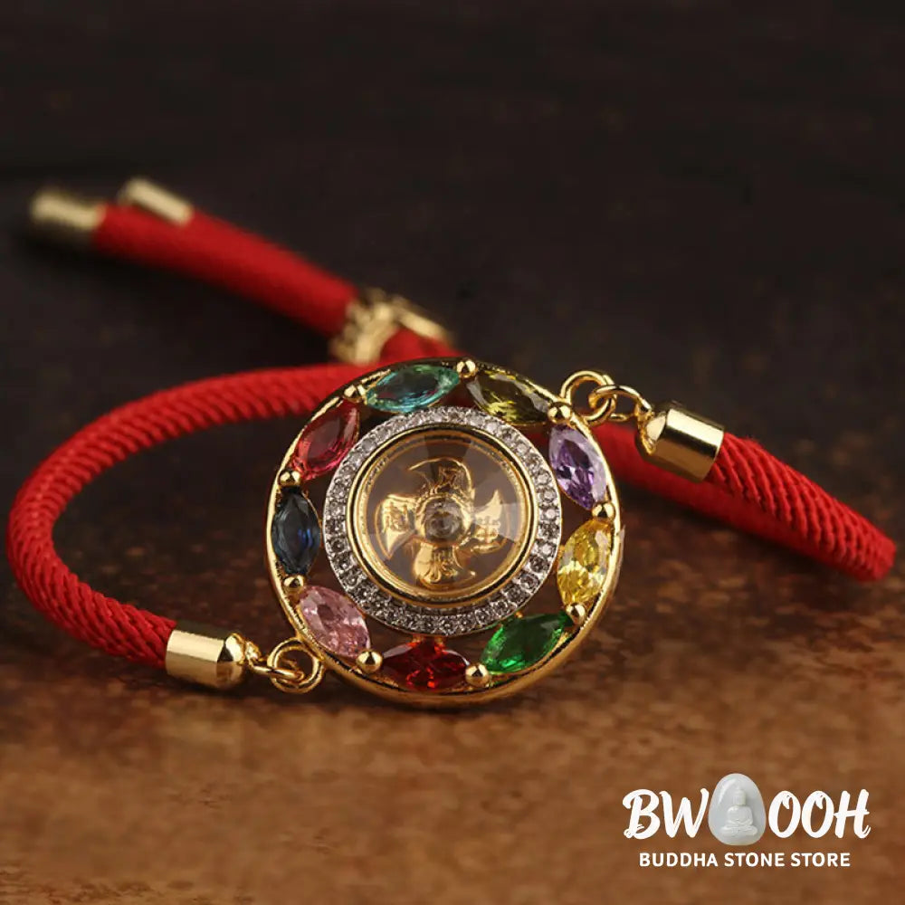 BWOOOH Colorful Zircon Copper Wealth Luck Rotation Bracelet Necklace Pendant, showcasing a luminous zircon centerpiece encircled by copper, adjustable red string, ready for spiritual balance and positive energy. - View 13