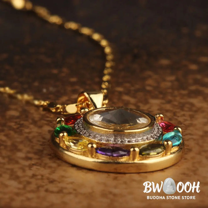 BWOOOH Colorful Zircon Copper Wealth Luck Rotation Bracelet Necklace Pendant, showcasing a luminous zircon centerpiece encircled by copper, adjustable red string, ready for spiritual balance and positive energy. - View 6