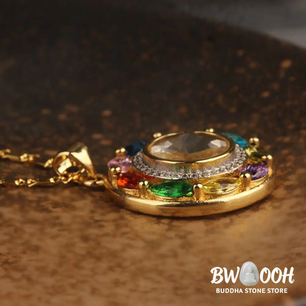 BWOOOH Colorful Zircon Copper Wealth Luck Rotation Bracelet Necklace Pendant, showcasing a luminous zircon centerpiece encircled by copper, adjustable red string, ready for spiritual balance and positive energy. - View 7
