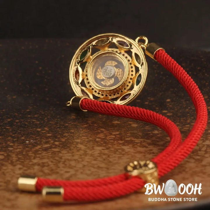 BWOOOH Colorful Zircon Copper Wealth Luck Rotation Bracelet Necklace Pendant, showcasing a luminous zircon centerpiece encircled by copper, adjustable red string, ready for spiritual balance and positive energy. - View 18