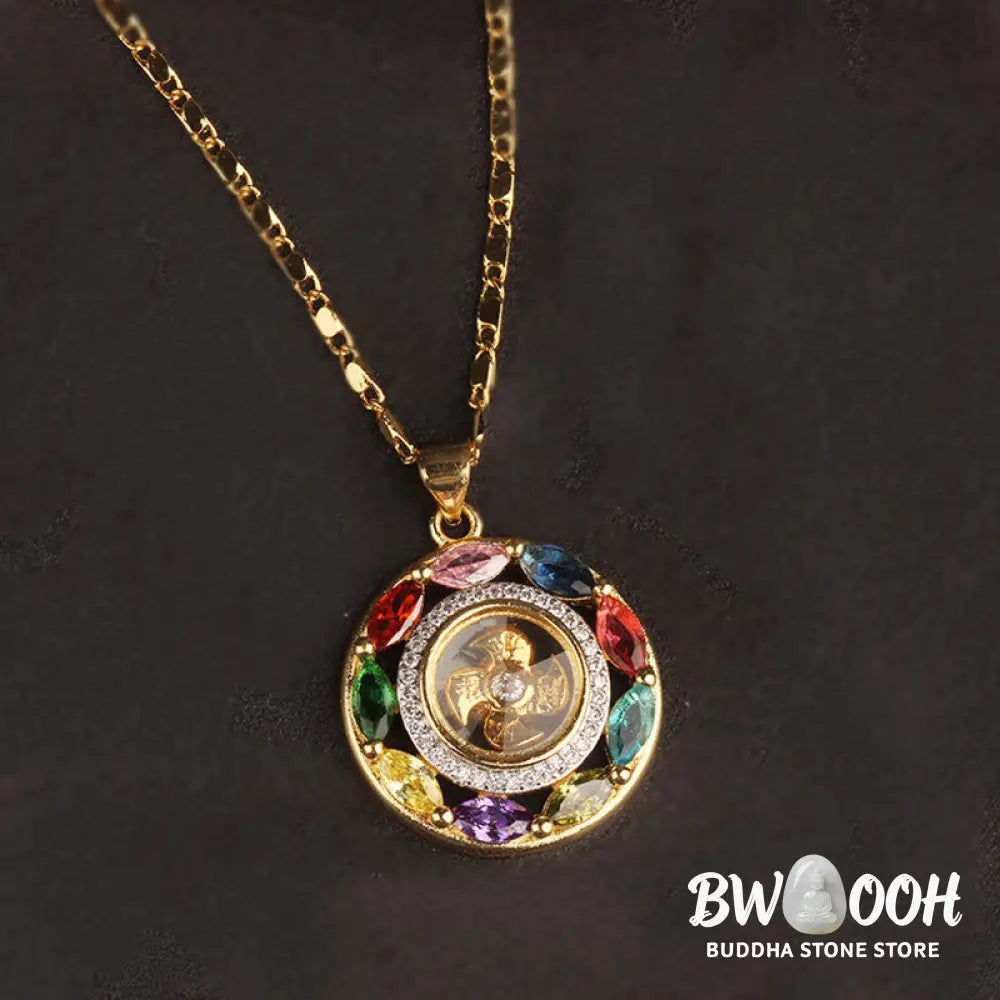 BWOOOH Colorful Zircon Copper Wealth Luck Rotation Bracelet Necklace Pendant, showcasing a luminous zircon centerpiece encircled by copper, adjustable red string, ready for spiritual balance and positive energy. - View 8