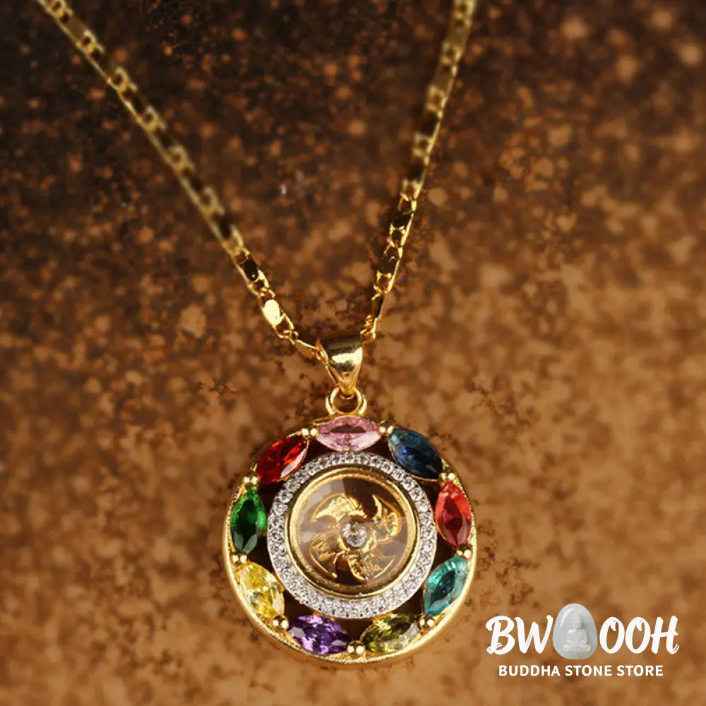 BWOOOH Colorful Zircon Copper Wealth Luck Rotation Bracelet Necklace Pendant, showcasing a luminous zircon centerpiece encircled by copper, adjustable red string, ready for spiritual balance and positive energy. - View 3