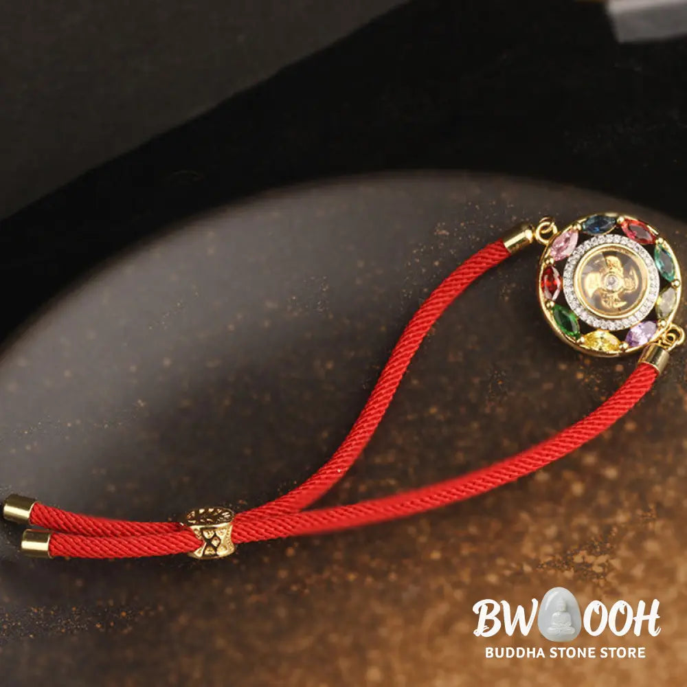 BWOOOH Colorful Zircon Copper Wealth Luck Rotation Bracelet Necklace Pendant, showcasing a luminous zircon centerpiece encircled by copper, adjustable red string, ready for spiritual balance and positive energy. - View 19