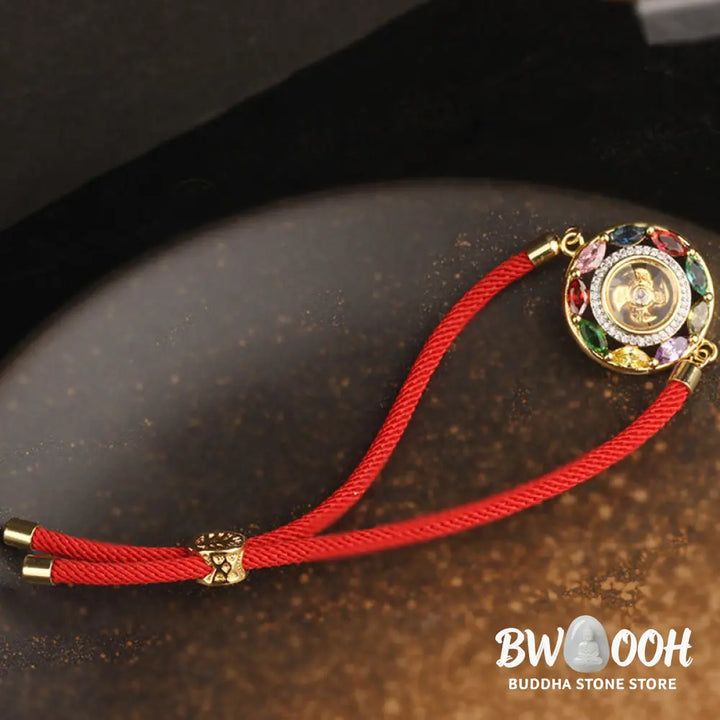 BWOOOH Colorful Zircon Copper Wealth Luck Rotation Bracelet Necklace Pendant, showcasing a luminous zircon centerpiece encircled by copper, adjustable red string, ready for spiritual balance and positive energy. - View 19