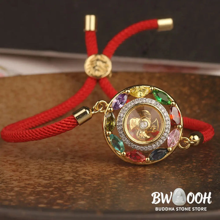 BWOOOH Colorful Zircon Copper Wealth Luck Rotation Bracelet Necklace Pendant, showcasing a luminous zircon centerpiece encircled by copper, adjustable red string, ready for spiritual balance and positive energy. - View 17