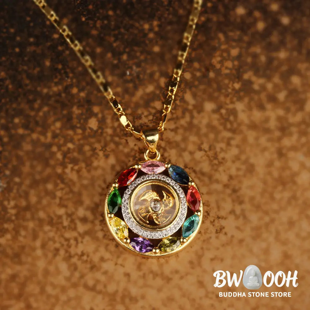 BWOOOH Colorful Zircon Copper Wealth Luck Rotation Bracelet Necklace Pendant, showcasing a luminous zircon centerpiece encircled by copper, adjustable red string, ready for spiritual balance and positive energy. - View 4