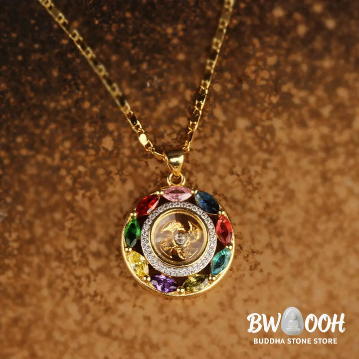 BWOOOH Colorful Zircon Copper Wealth Luck Rotation Bracelet Necklace Pendant, showcasing a luminous zircon centerpiece encircled by copper, adjustable red string, ready for spiritual balance and positive energy. - View 4