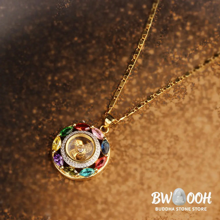 BWOOOH Colorful Zircon Copper Wealth Luck Rotation Bracelet Necklace Pendant, showcasing a luminous zircon centerpiece encircled by copper, adjustable red string, ready for spiritual balance and positive energy. - View 5