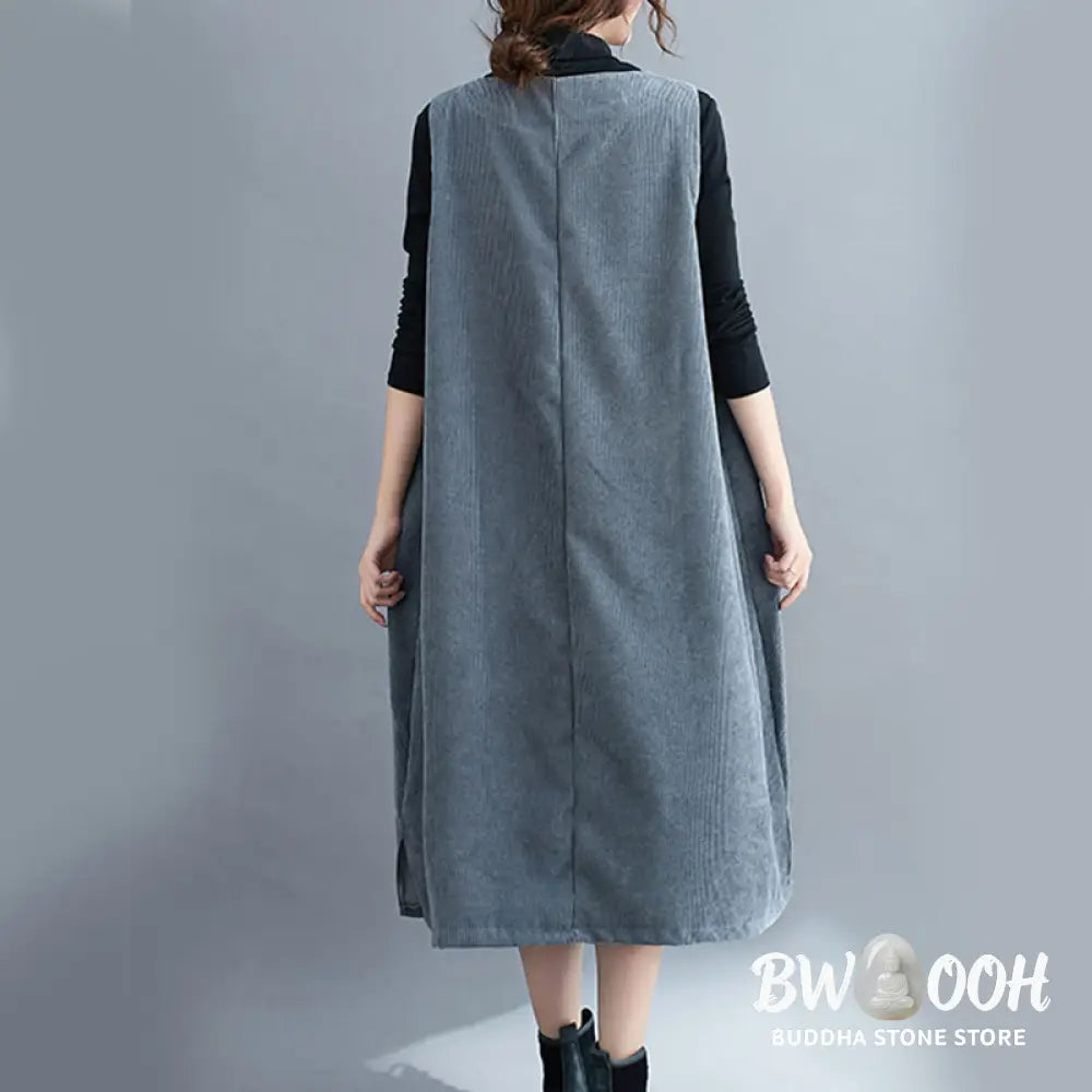 Buddha Stones Commute Crew Neck Women’s Sleeveless Cotton Corduroy Midi Dress With Pockets - Midi Dress