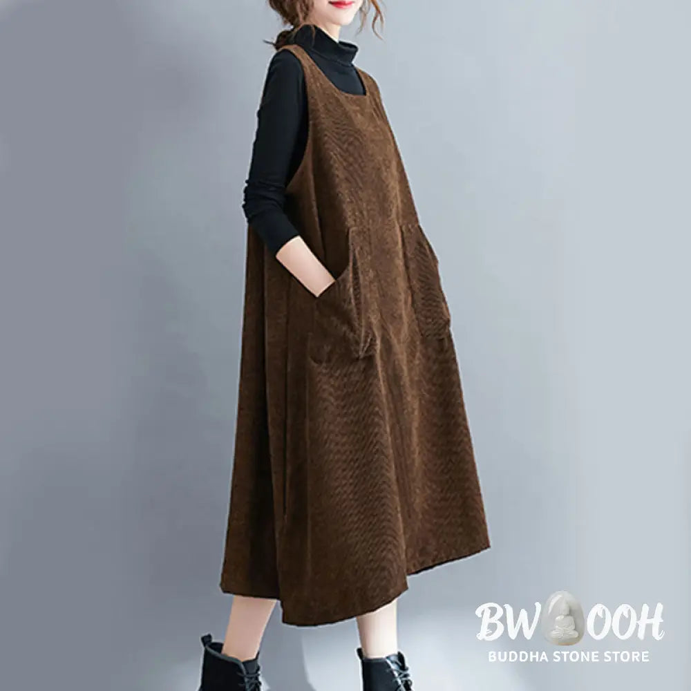 Buddha Stones Commute Crew Neck Women’s Sleeveless Cotton Corduroy Midi Dress With Pockets - Midi Dress