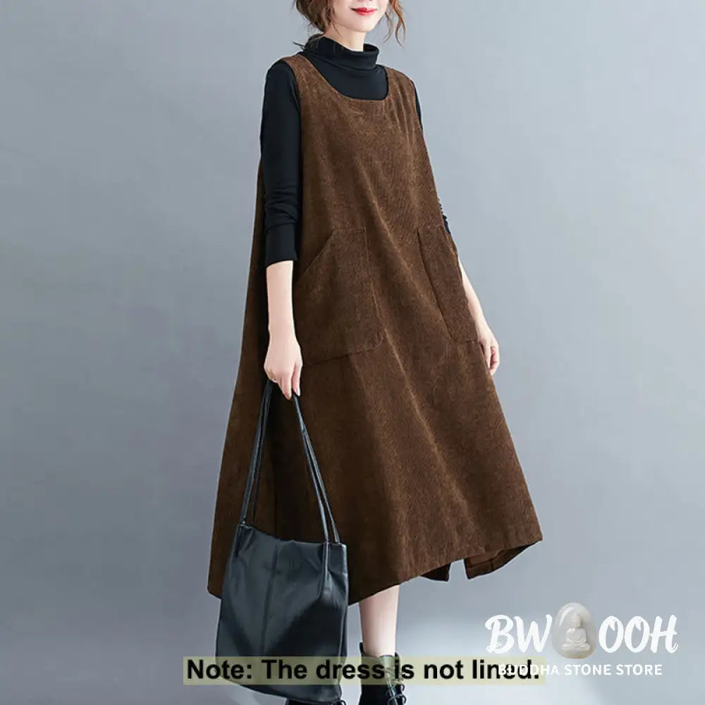 Buddha Stones Commute Crew Neck Women’s Sleeveless Cotton Corduroy Midi Dress With Pockets - Midi Dress