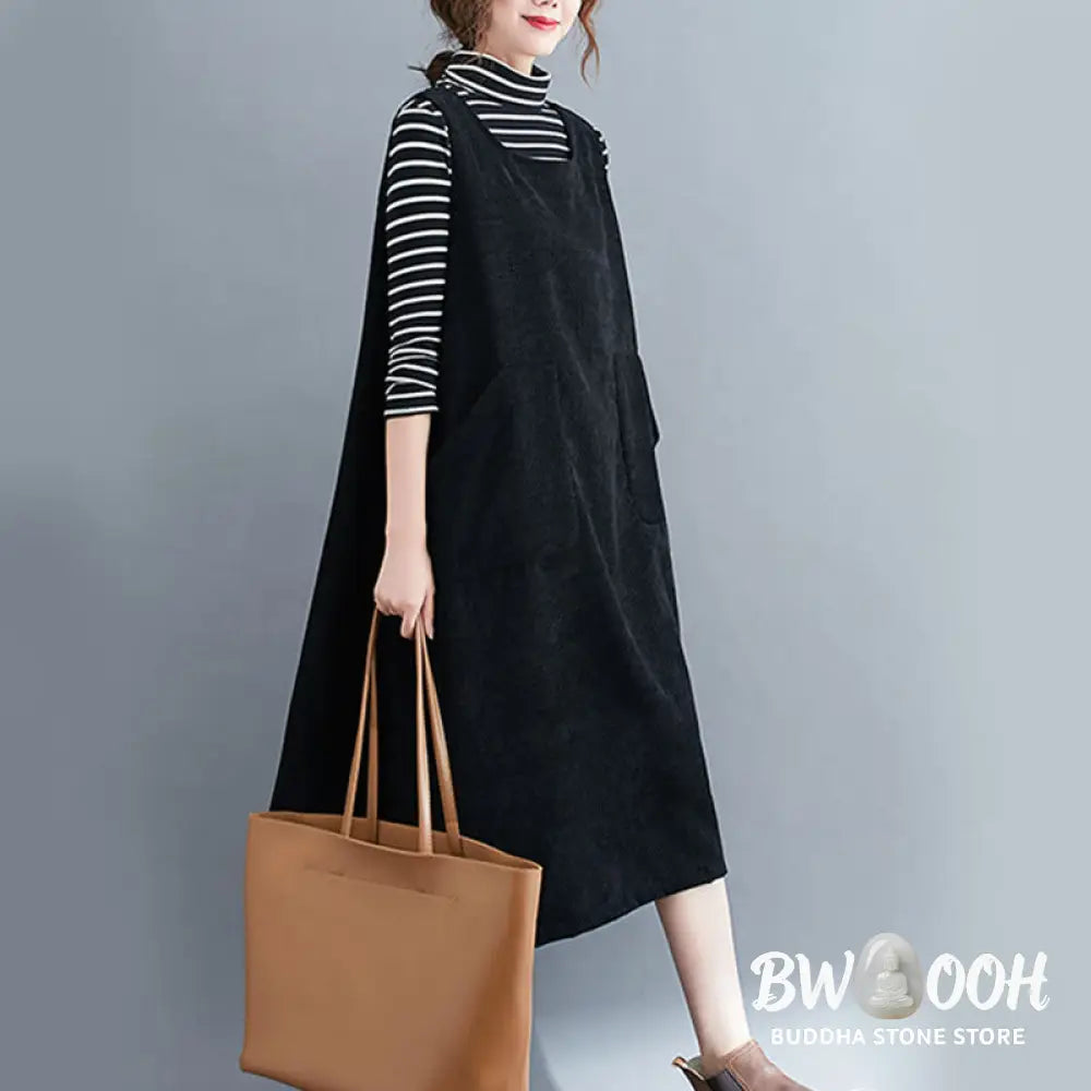 Buddha Stones Commute Crew Neck Women’s Sleeveless Cotton Corduroy Midi Dress With Pockets - Midi Dress