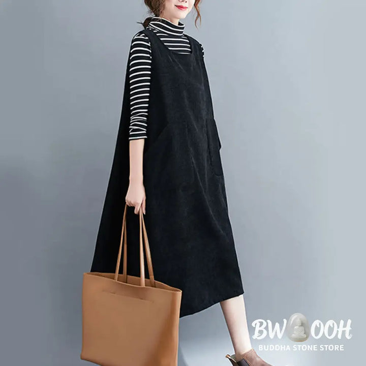 Buddha Stones Commute Crew Neck Women’s Sleeveless Cotton Corduroy Midi Dress With Pockets - Midi Dress