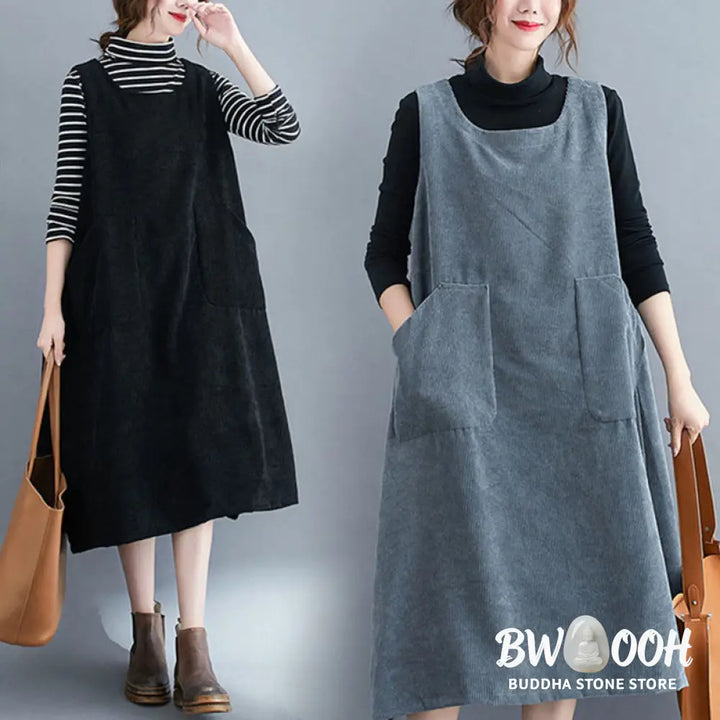 Buddha Stones Commute Crew Neck Women’s Sleeveless Cotton Corduroy Midi Dress With Pockets - Midi Dress